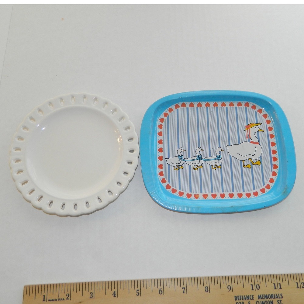 Vintage Goose Nursery Metal Tray and Cottagecore Ceramic Plate Set Blue White